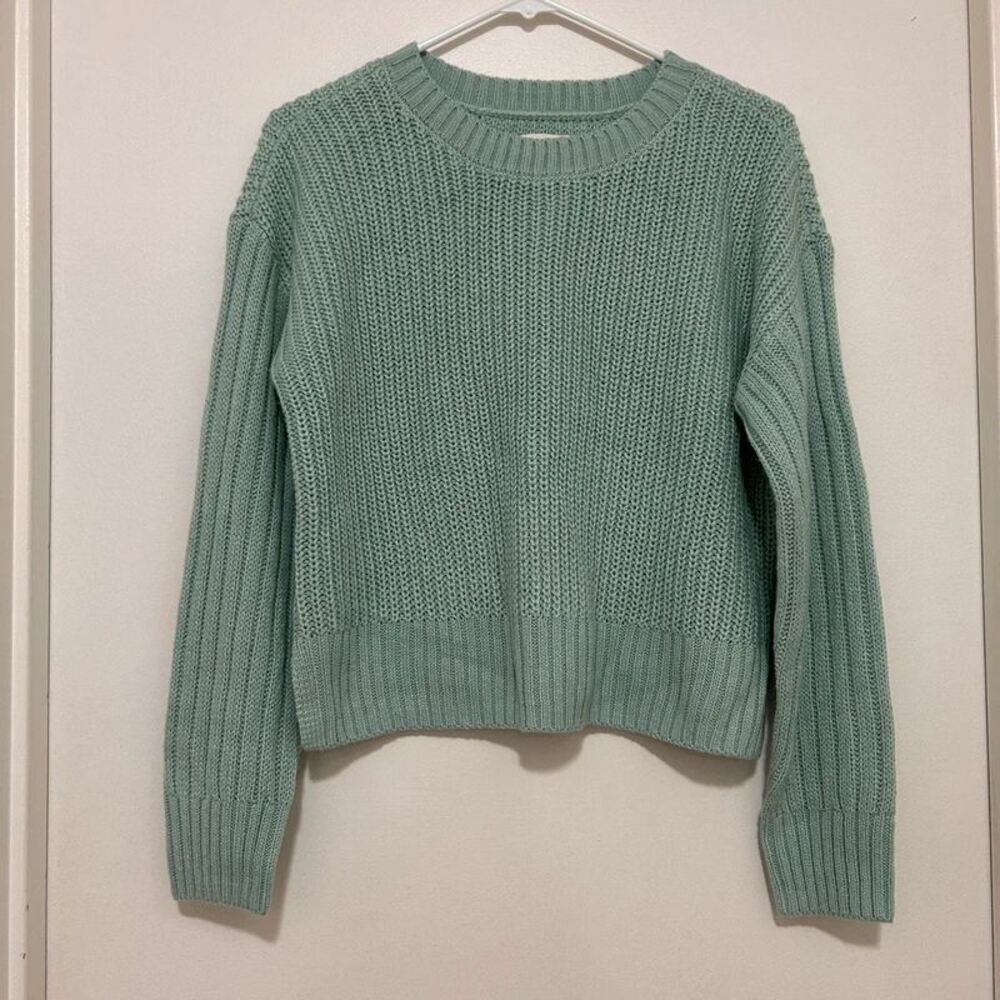 SO Mint Green Ribbed Chunky Knit Shaker Cropped Sweater Junior Small Grandmacore